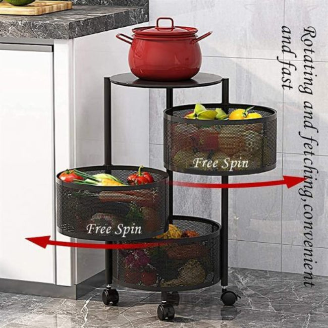 3 Layer Metal Wire Mesh Fruit & Vegetable Storage Rotating Trolley - AABA MALL