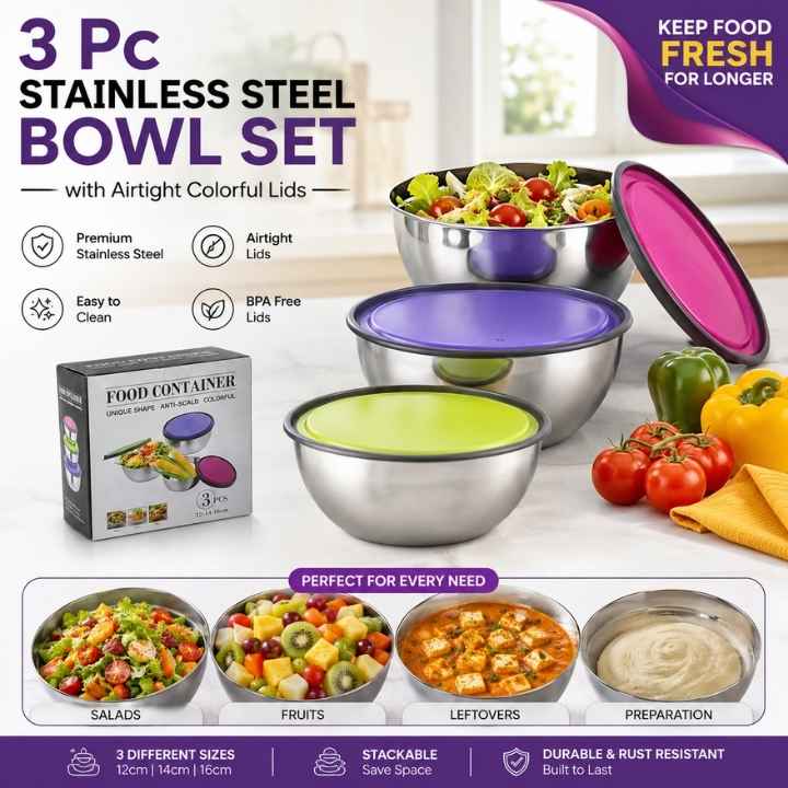 3 Pc Stainless Steel Bowl Set with Lids | Mixing, Storage & Stackable Easy Cleaning Kitchen Bowls