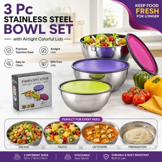 3 Pc Stainless Steel Bowl Set with Lids | Mixing, Storage & Stackable Easy Cleaning Kitchen Bowls