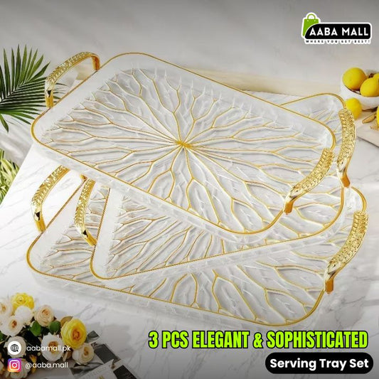 Set of 3 Golden Branch Design Food Service Trays – PET Snack & Fruit Serving Trays