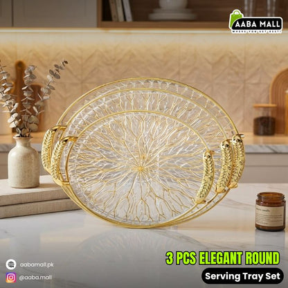 Set of 3 Round Golden Branch Design Food Service Trays – PET Snack & Fruit Serving Trays