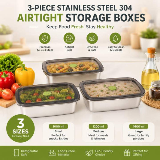 3‑Piece Stainless Steel 304 Airtight Food Storage Boxes | Durable Kitchen Containers Set (1000ML, 1200ML, 1600ML)