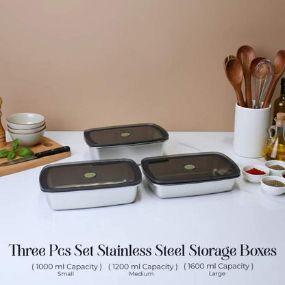 3‑Piece Stainless Steel 304 Airtight Food Storage Boxes | Durable Kitchen Containers Set (1000ML, 1200ML, 1600ML)