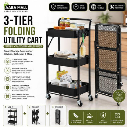 3‑Tier Folding Metal Utility Cart with Wheels | Portable Kitchen & Bathroom Storage Rack | Black Rolling Organizer