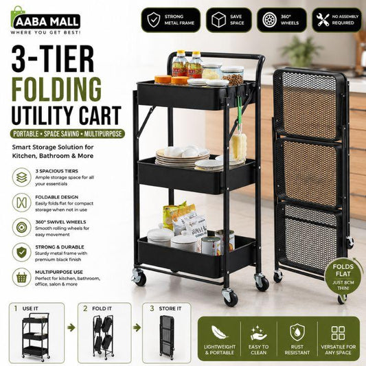 3‑Tier Folding Metal Utility Cart with Wheels | Portable Kitchen & Bathroom Storage Rack | Black Rolling Organizer
