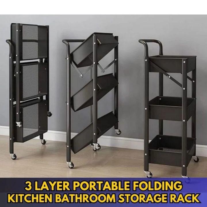 3‑Tier Folding Metal Utility Cart with Wheels | Portable Kitchen & Bathroom Storage Rack | Black Rolling Organizer