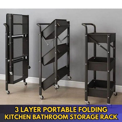 3‑Tier Folding Metal Utility Cart with Wheels | Portable Kitchen & Bathroom Storage Rack | Black Rolling Organizer