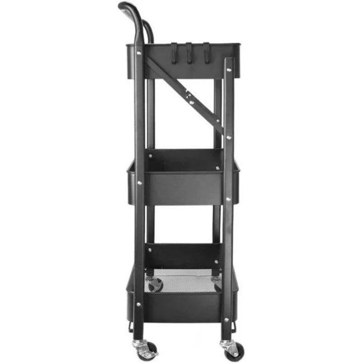 3‑Tier Folding Metal Utility Cart with Wheels | Portable Kitchen & Bathroom Storage Rack | Black Rolling Organizer