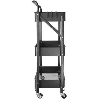 3‑Tier Folding Metal Utility Cart with Wheels | Portable Kitchen & Bathroom Storage Rack | Black Rolling Organizer