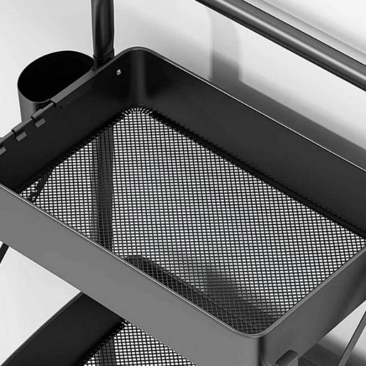 3‑Tier Folding Metal Utility Cart with Wheels | Portable Kitchen & Bathroom Storage Rack | Black Rolling Organizer