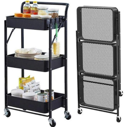 3‑Tier Folding Metal Utility Cart with Wheels | Portable Kitchen & Bathroom Storage Rack | Black Rolling Organizer