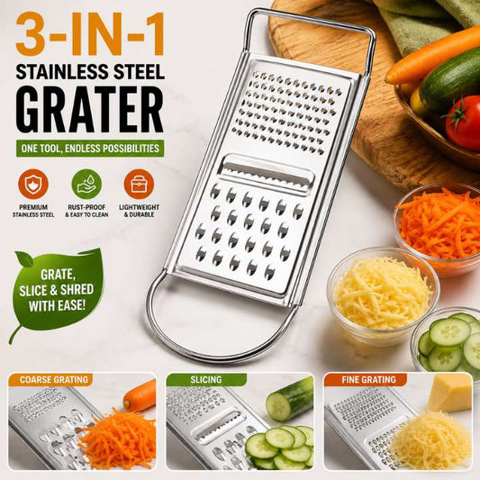 3‑in‑1 Stainless Steel Grater | Multi‑Purpose Shredder, Slicer & Kitchen Tool