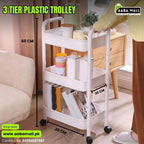 White three-tier plastic trolley with measurements and Aaba Mall branding.