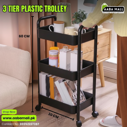 3-Tier Kitchen Organizer Trolley | Rolling Plastic Utility Cart with Handle | 360ø Rotating Vegetable & Storage Rack for Home & Office