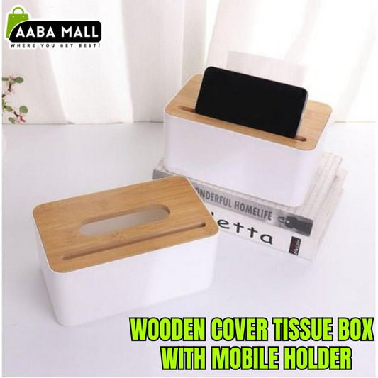 Wooden Cover Plastic Tissue Box With Phone Holder Household Paper Towel Storage Box Home Office Removable Tissue Case