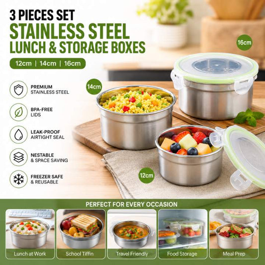 3pcs Stainless Steel Food Storage Container Set (12, 14 & 16CM) | Airtight Round Meal Prep Bowls with Covers | Kitchen Fresh‑Keeping Containers for Oven & Freezer