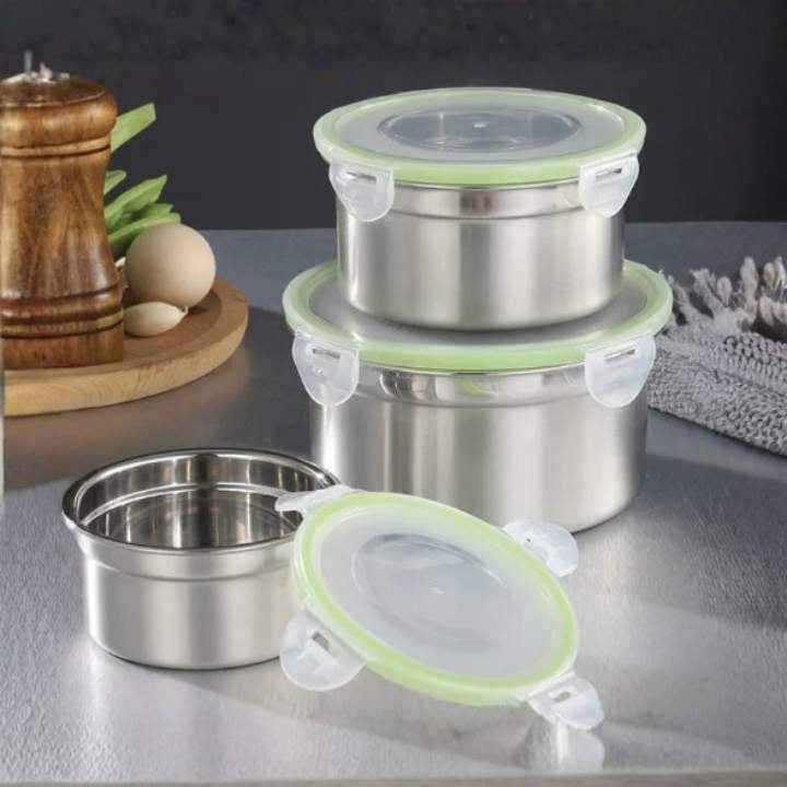 3pcs Stainless Steel Food Storage Container Set (12, 14 & 16CM) | Airtight Round Meal Prep Bowls with Covers | Kitchen Fresh‑Keeping Containers for Oven & Freezer