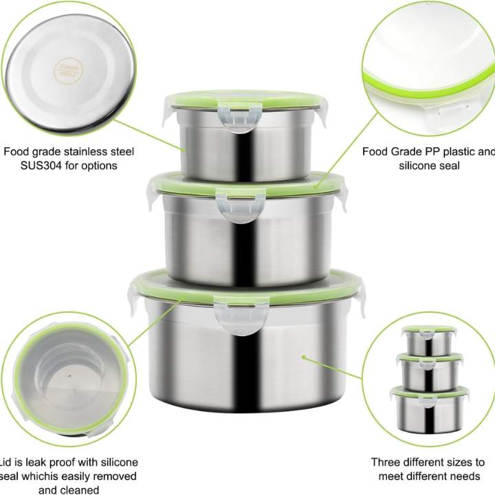 3pcs Stainless Steel Food Storage Container Set (12, 14 & 16CM) | Airtight Round Meal Prep Bowls with Covers | Kitchen Fresh‑Keeping Containers for Oven & Freezer