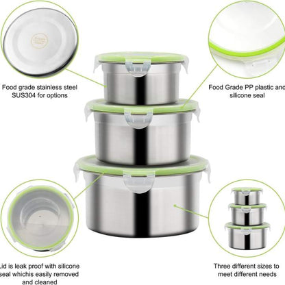 3pcs Stainless Steel Food Storage Container Set (12, 14 & 16CM) | Airtight Round Meal Prep Bowls with Covers | Kitchen Fresh‑Keeping Containers for Oven & Freezer