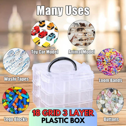 18 grid 3 layer plastic box with various items on a wooden surface
