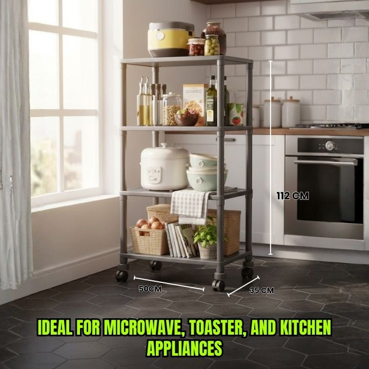 4-Layer Kitchen Plastic Storage Rack with Wheels Multi-Layer Microwave & Toaster Shelving Unit