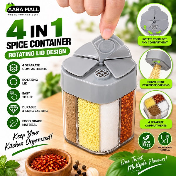 4 in 1 rotating spice container with four separate compartments and easy dispenser lid for kitchen spice storage