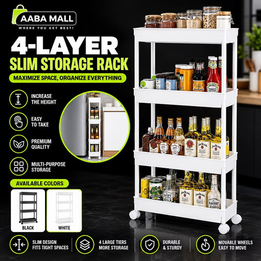 4 tier rolling storage rack with wheels for organizing kitchen, bathroom, pantry and household items