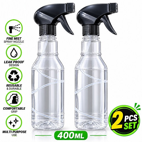 Pack of 2 reusable 400ml spray bottles for misting indoor plants and suitable gardening tasks.