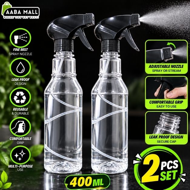 Pack of 2 transparent 400ml spray bottles with black adjustable nozzles for plant misting, home cleaning, glass and car care.
