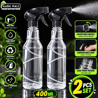 Pack of 2 transparent 400ml spray bottles with black adjustable nozzles for plant misting, home cleaning, glass and car care.