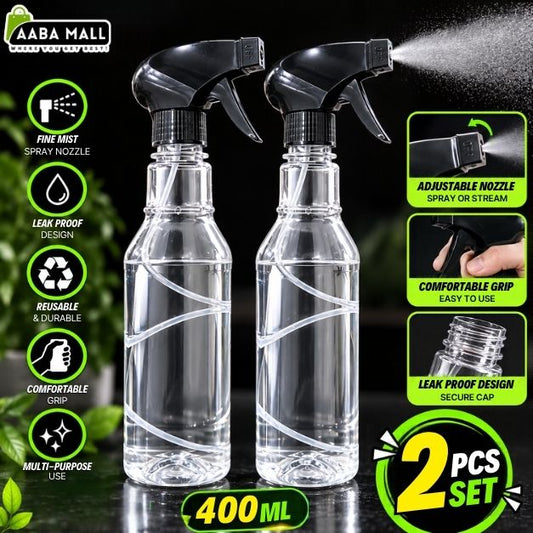 Pack of 2 transparent 400ml spray bottles with black adjustable nozzles for plant misting, home cleaning, glass and car care.