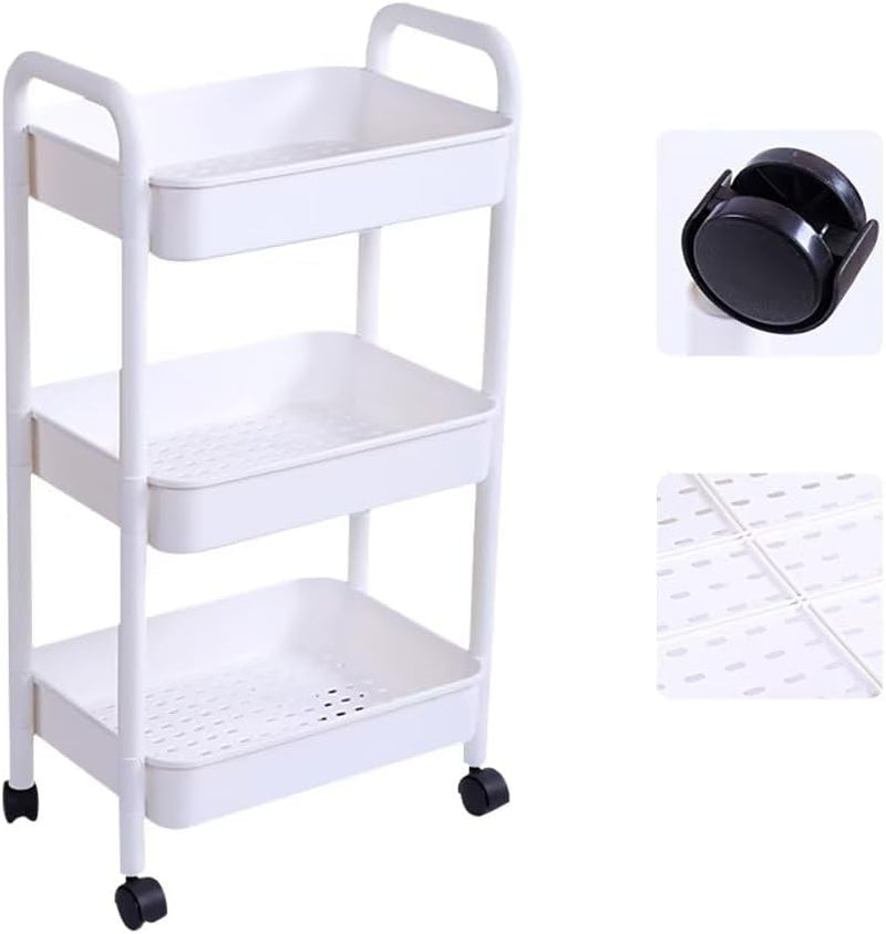 3-Tier Kitchen Organizer - Plastic Rolling Utility Cart with Handle (White) - AABA MALL