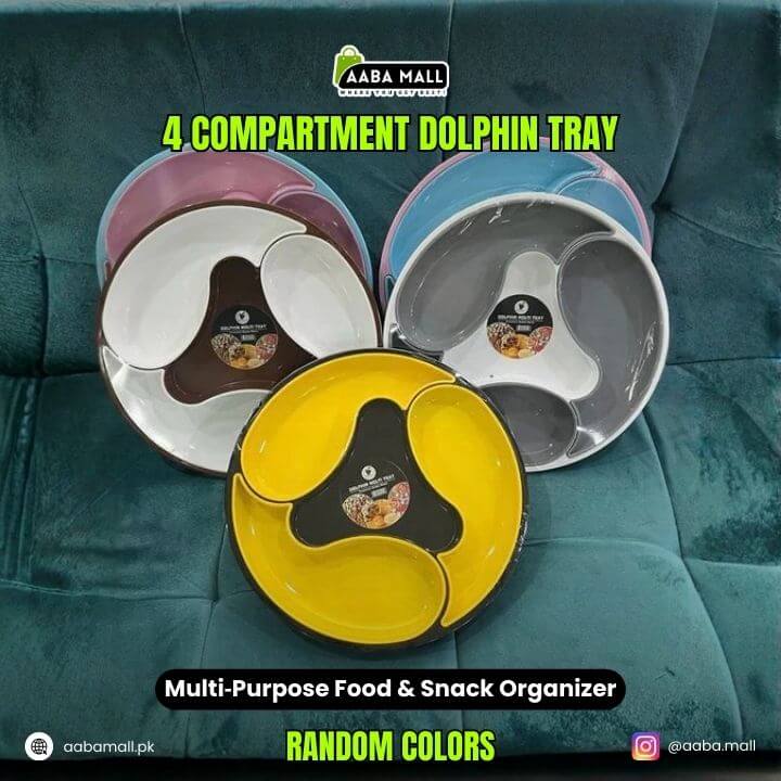 Four compartment dolphin trays in various colors on a textured surface with AABA MALL branding.