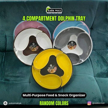 Four compartment dolphin trays in various colors on a textured surface with AABA MALL branding.