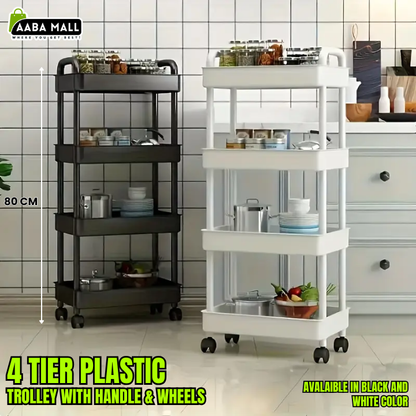 4-Tier Plastic Storage Trolley with Wheels – Multi-Purpose Rolling Utility Cart for Kitchen, Bathroom & Home Organization - AABA MALL
