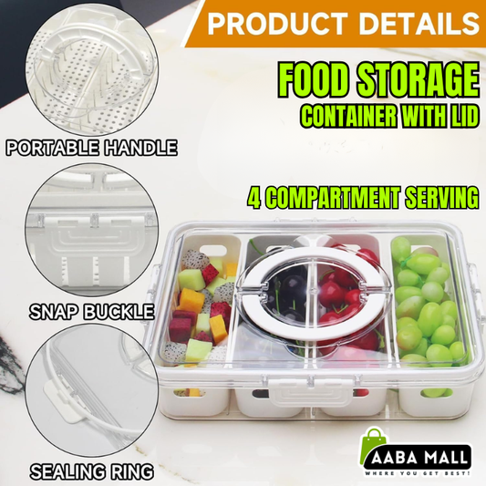 food storage container, divided food box, serving tray, snack organizer, lunch box, leakproof box, kitchen storage, meal prep container, plastic food container, 4 compartment tray
