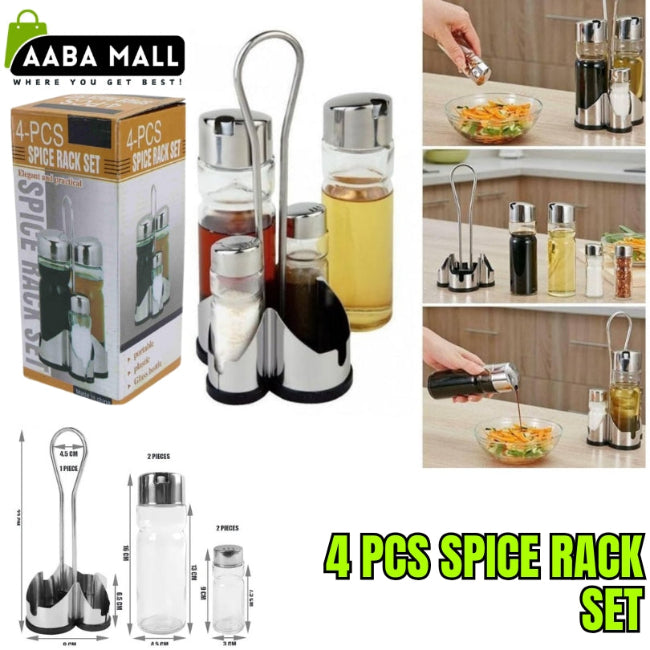 Stainless steel stand cruet condiment set, including glass salt and pepper shakers and oil and vinegar dispenser bottles on a kitchen counter