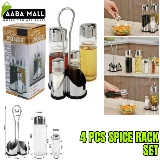 Stainless steel stand cruet condiment set, including glass salt and pepper shakers and oil and vinegar dispenser bottles on a kitchen counter
