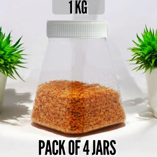 4-pack large pyramid design storage jars with rack, 1kg food grade plastic organizer set for kitchen masalas, pulses, and bulk snacks in Pakistan