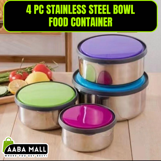 4 Pc Stainless Steel Bowl Set Lunch Box Tiffin Kitchen Food Container for School Office Kids