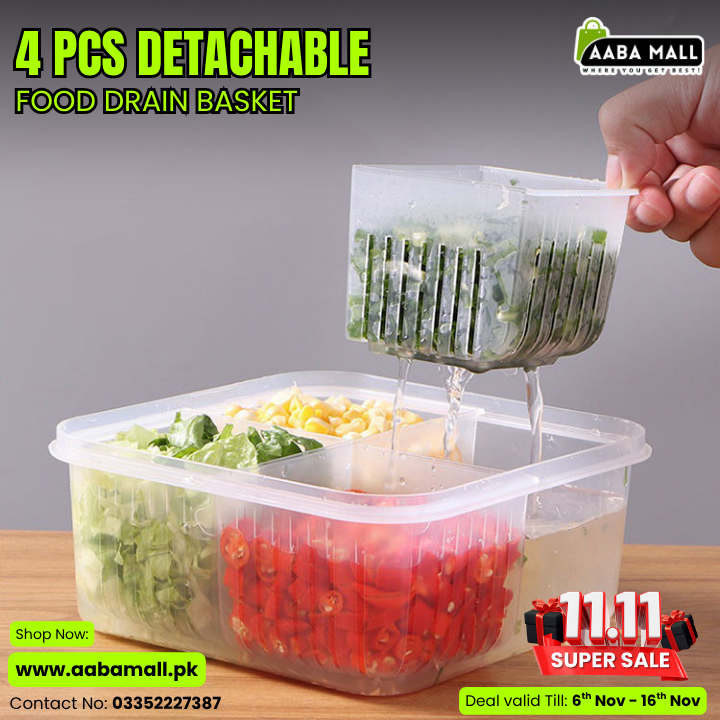 4 pcs detachable drain food storage container with lid