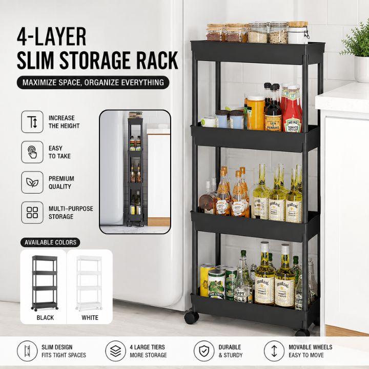 4 Tier Kitchen Bathroom Storage Rolling Plastic Trolley – Slim Utility Shelf Cart with Wheels, Corner Organizer Rack