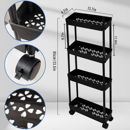4 Tier Kitchen Bathroom Storage Rolling Plastic Trolley – Slim Utility Shelf Cart with Wheels, Corner Organizer Rack