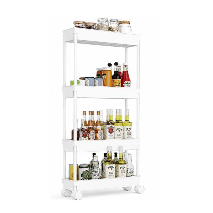 4 Tier Kitchen Bathroom Storage Rolling Plastic Trolley – Slim Utility Shelf Cart with Wheels, Corner Organizer Rack
