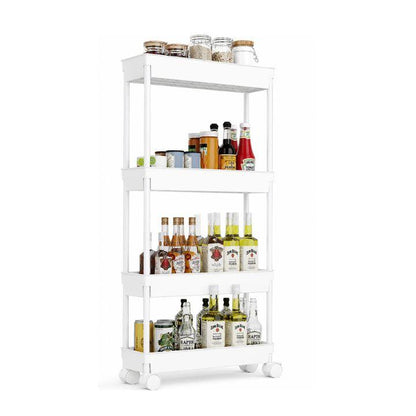 4 Tier Kitchen Bathroom Storage Rolling Plastic Trolley – Slim Utility Shelf Cart with Wheels, Corner Organizer Rack