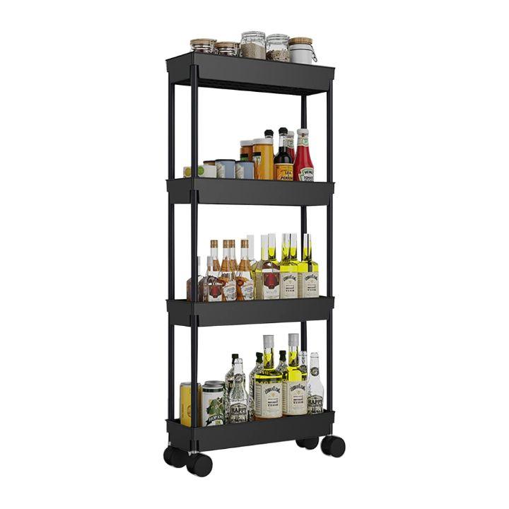 4 Tier Kitchen Bathroom Storage Rolling Plastic Trolley – Slim Utility Shelf Cart with Wheels, Corner Organizer Rack