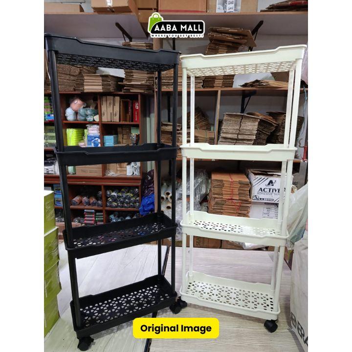 4 Tier Kitchen Bathroom Storage Rolling Plastic Trolley – Slim Utility Shelf Cart with Wheels, Corner Organizer Rack
