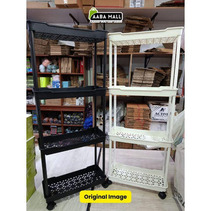 4 Tier Kitchen Bathroom Storage Rolling Plastic Trolley – Slim Utility Shelf Cart with Wheels, Corner Organizer Rack