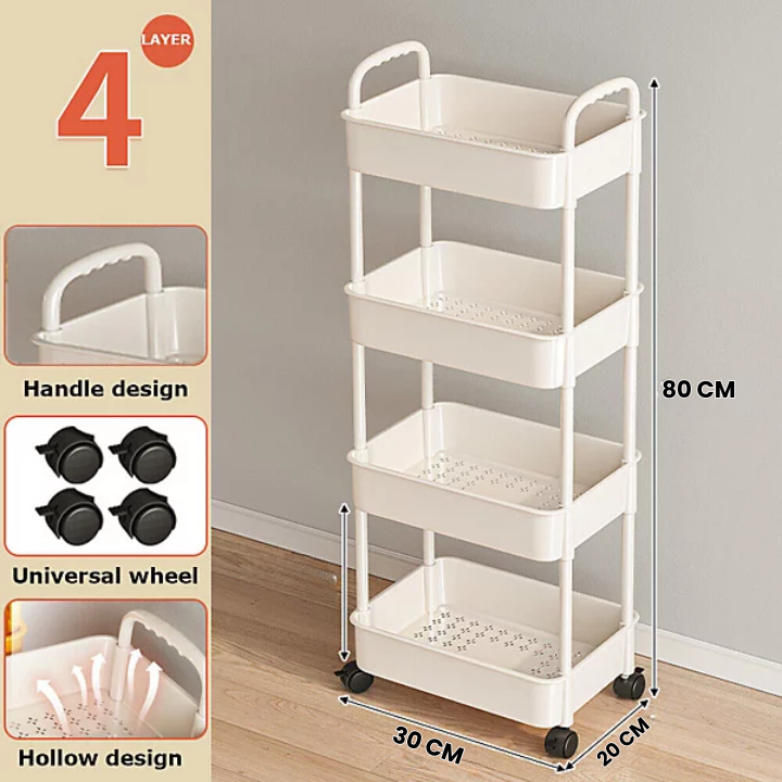 4-Tier Plastic Storage Trolley with Wheels – Multi-Purpose Rolling Utility Cart for Kitchen, Bathroom & Home Organization - AABA MALL