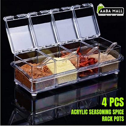 Clear acrylic seasoning spice rack with four compartments containing different spices, branded 'AABA MALL'.